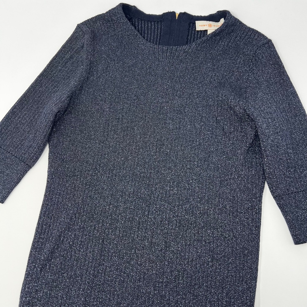 Tory Burch Joella Navy Blue Metallic Ribbed Wool Blend Knit Top Women's Small